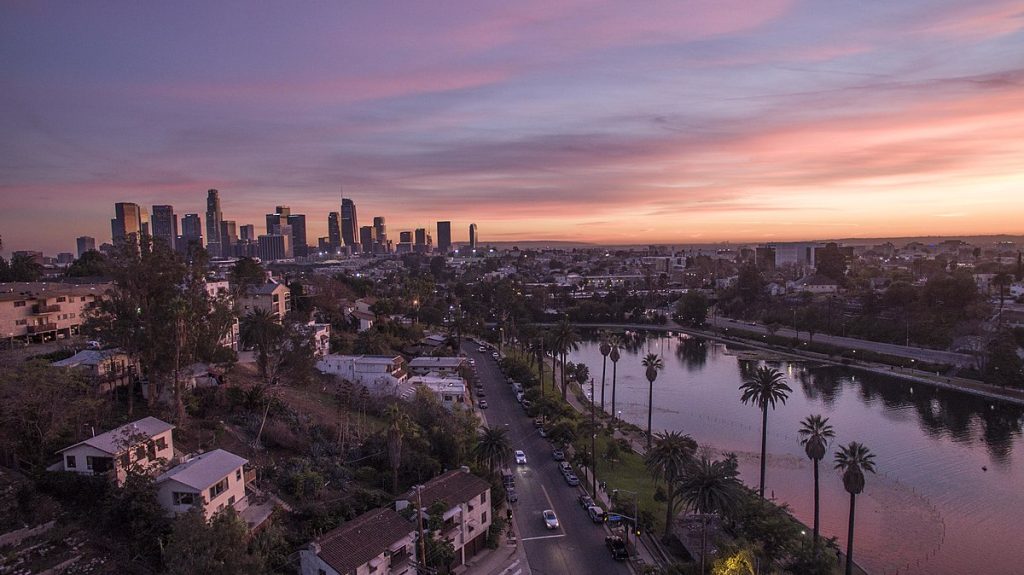 Sunset in Los Angeles, California with Palm Trees and Water