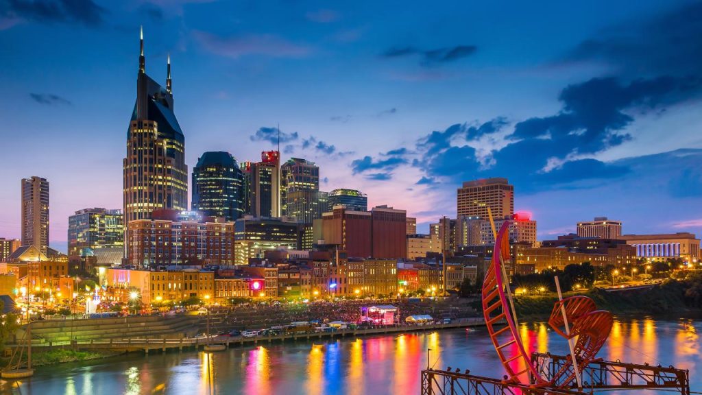 Nightlife in Nashville, Tennessee with bright lights