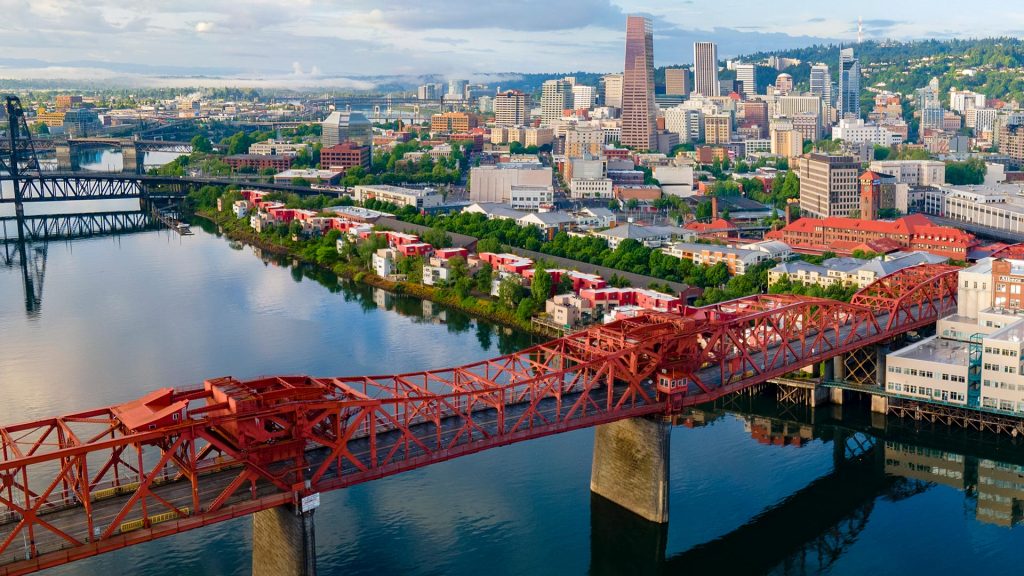 Red Broadway Bridge and Skyline of the City of Portland, Oregon